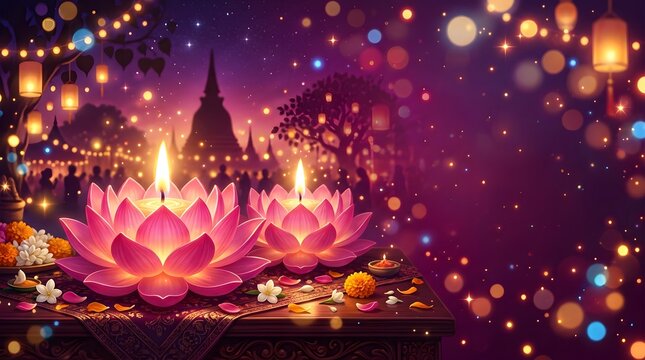 Colorful festival night with lanterns and lotus candles