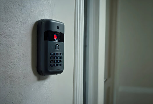 Close-up of a home security keypad with camera indoors