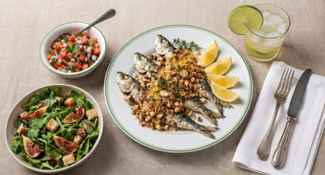 sardinhas grelhadas crocantes com farofa de castanhas, salada fresca de figos e caipirinha artesanal em mesa posta