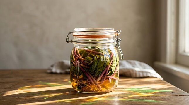 Jar of pickled green vegetables on a rustic wooden table in warm morning sunlight.
