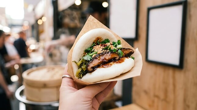 Hand holding a freshly prepared steamed gua bao bun filled with savory ingredients at a street food market