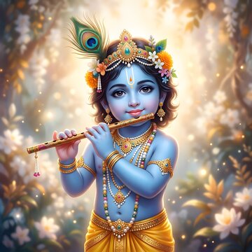 Divine child with peacock feather playing flute in enchanted forest