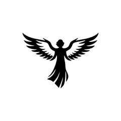 Fototapeta premium Black silhouette of an angel with spread wings isolated on a white background.