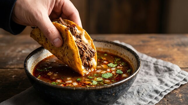 Hand dipping a crispy quesabirria beef taco into a bowl of rich consomme broth on a rustic wooden table