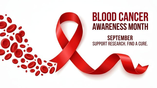 Red awareness ribbon with blood cells isolated on white background for blood cancer awareness month in the month september
