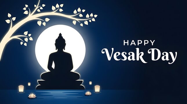 Silhouette of Buddha with Full Moon Celebrating Vesak Day