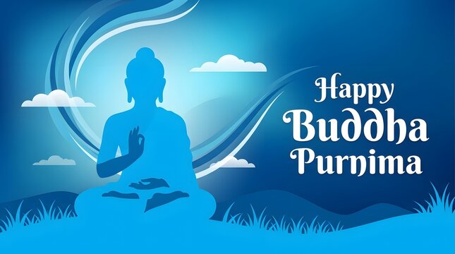 Blue themed Buddha Purnima greeting card with silhouette and clouds