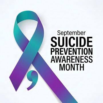 September suicide prevention awareness month concept featuring a teal and purple ribbon with a semicolon symbol on white background