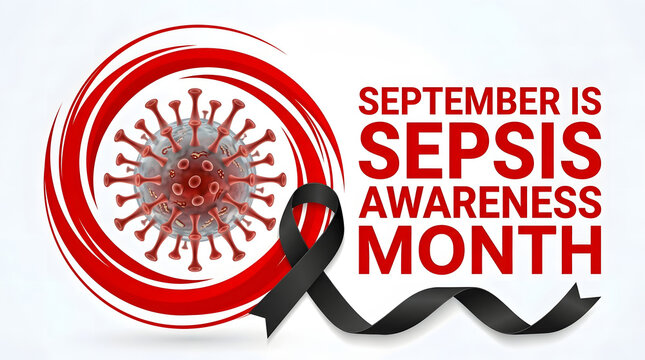 September is sepsis awareness month conceptual graphic design featuring a stylized virus illustration and a black awareness ribbon symbol