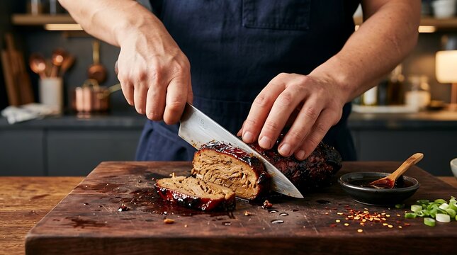 Chef slicing a freshly baked homemade glazed meatloaf on a wooden cutting board in a kitchen