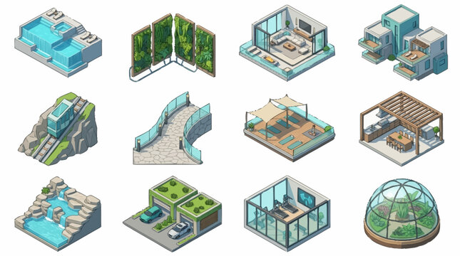 Isometric illustrations of modern architectural and interior designs.