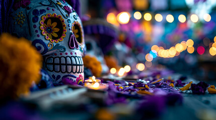 Obraz premium Decorative sugar skull for day of the dead celebration with candles and flowers