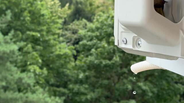 Close up of water dripping from an air conditioner drain pipe summer against a backdrop of green trees. Maintenance and repair concept