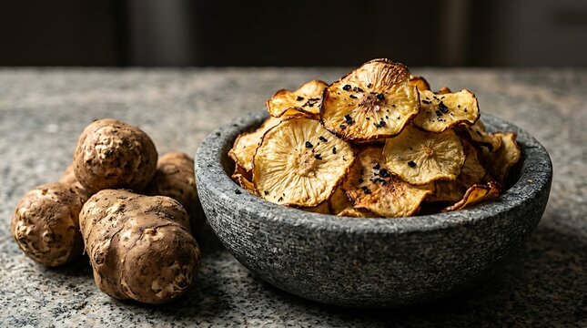 Crispy baked sunchoke chips in a rustic stone bowl next to fresh raw Jerusalem artichoke tubers