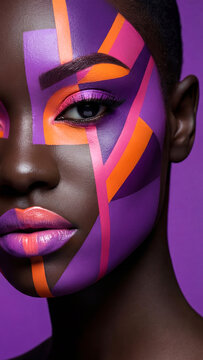 Colorful face paint art on model with bold designs and vivid hues