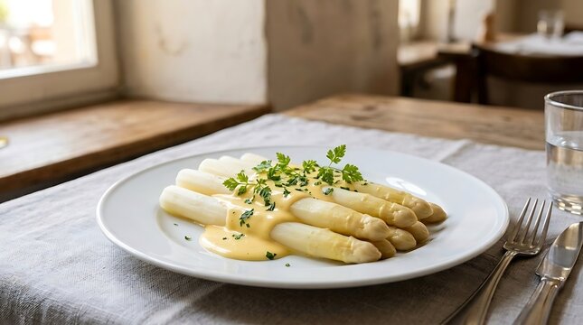 Freshly prepared white asparagus drizzled with rich hollandaise sauce and garnished with herbs on a rustic dining table