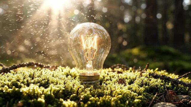 A Glowing Lightbulb Illuminates the Mossy Forest Floor, Highlighting Nature's Beauty with Sparkling Sunlight Streaming Through the Trees in a Serene Environment