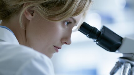 Fototapeta premium Close up of a focused female scientist in a lab coat examining a specimen under a microscope, highlighting research and discovery
