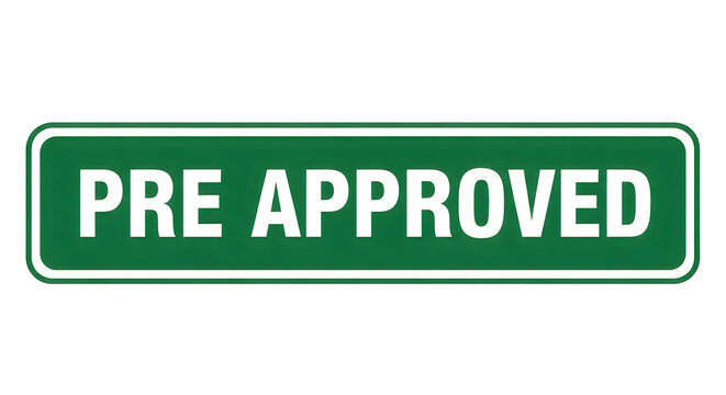 A dark green rectangular stamp with white uppercase text reading pre approved, symbolizing official approval or clearance for a process or transaction