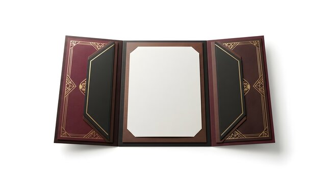 Elegant tri-fold presentation folder with a blank white sheet of paper at its center, suitable for certificates or important documents