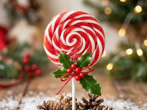 A festive red and white swirl lollipop decorated with holly leaves and berries for a merry christmas holiday celebration
