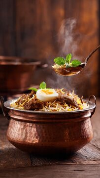 Pakistani mutton biryani served in traditional copper handi with spoon 