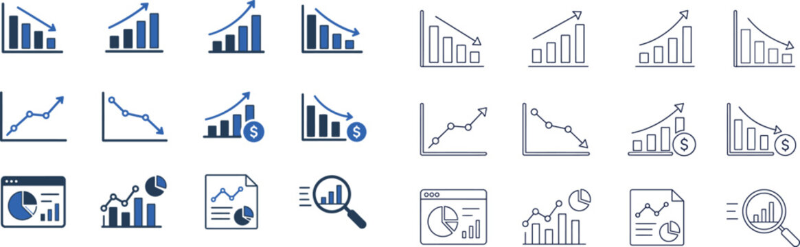 Set of financial business growth and decline trend icons with business