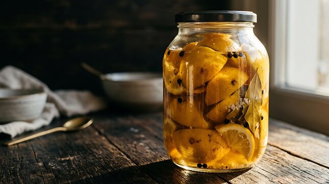 Homemade lemon infusion with spices in a glass jar on a rustic wooden table near a window