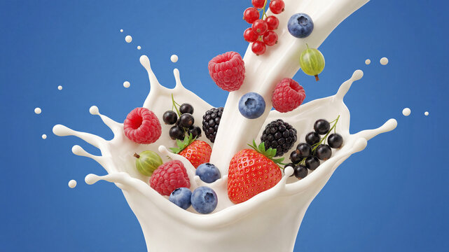 Fresh fruit and milk splash in a bright setting during the day
