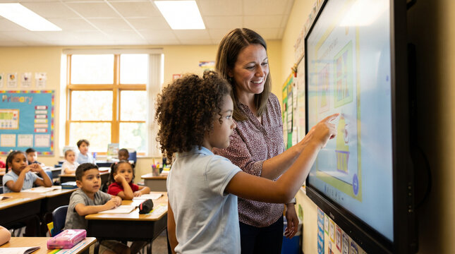 Teacher helping a student use an interactive whiteboard in class