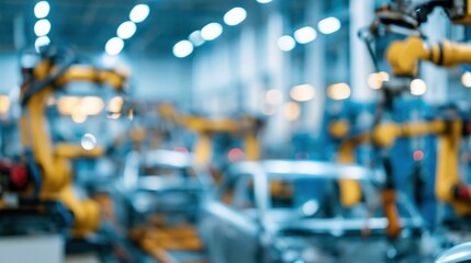 Fototapeta premium Automated Robotic Arms in a Modern Factory Assembly Line, Industrial Technology Background