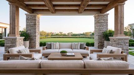 Obraz premium Elegant outdoor patio lounge with comfortable seating and picturesque golf course view