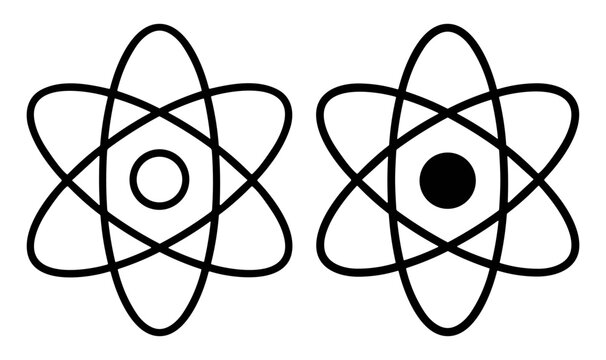 Simple black and white vector illustrations of atomic models with elliptical electron orbits around nuclei on transparent background