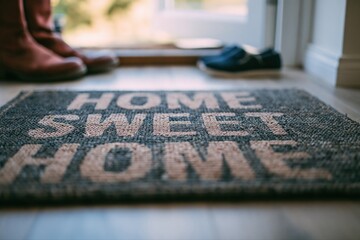 Naklejka premium Cozy Home Sweet Home Welcome Mat at Entrance with Shoes and Boots