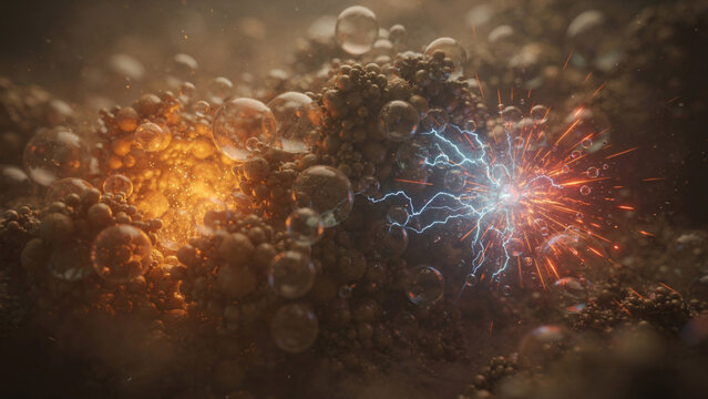Microscopic view of glowing organic structures with electrical discharge and light particles, close-up, concept for science, innovation and energy