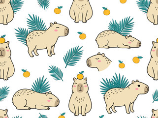 Naklejka premium Cute Capybara Seamless Pattern with Oranges and Palm Leaves for Textile and Wallpaper
