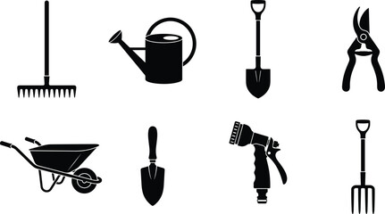 Black silhouette gardening tool icon set featuring rake watering can shovel and wheelbarrow © MdMahedi