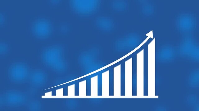 Financial growth bar graph chart with upward pointing arrow on blue bokeh background, business success, stock market analysis, profit increase, economic recovery, investment development, corporate str