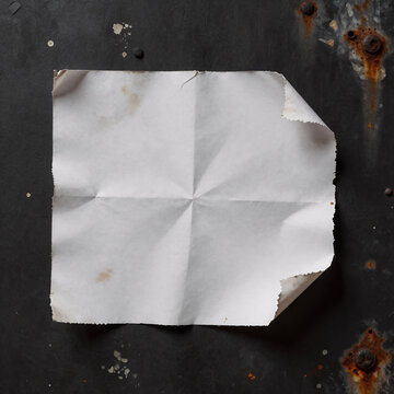 Low Poly Collage Rust. Urban Collage Texture On Black Wall Surface, Featuring White Torn And Ripped Aged Paper With A Grungy, Dirty, Rusty Aesthetic