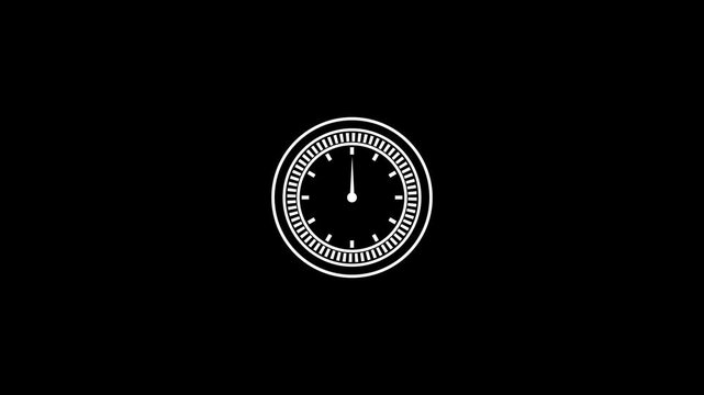 Minimalist glowing white neon clock icon with precision dial measurement isolated on sleek dark black background.