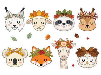 Fototapeta premium Cute cartoon animal heads with autumn leaf crowns on white background. Includes fox, owl, squirrel, and giraffe for fall-themed projects.
