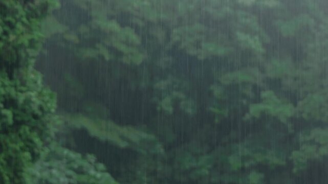 Heavy rain falling against a lush green forest background