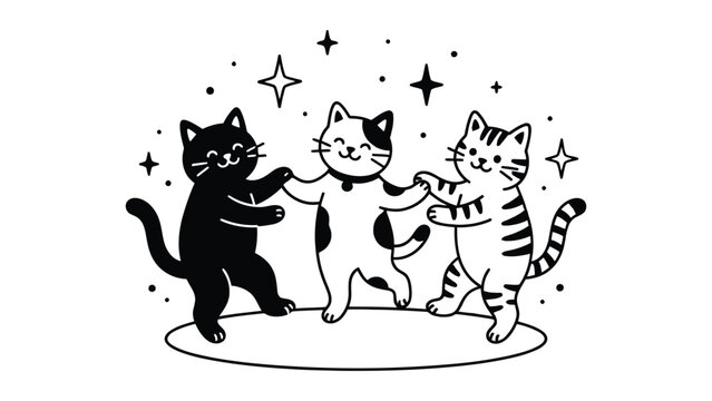 Three dancing cats hand drawn doodle vector illustration