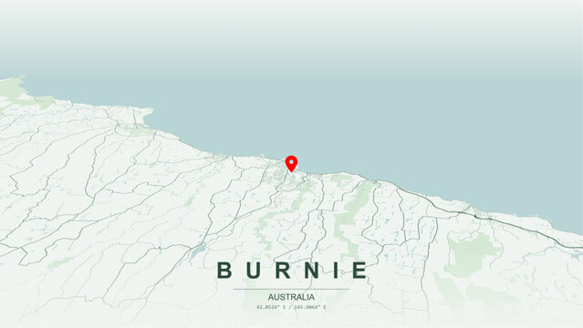 Modern minimalist vector map of Burnie, Tasmania. High-quality scalable illustration of Burnie geographic boundaries along Emu Bay coast and Emu River mouth for posters design.