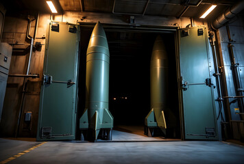 Obraz premium Two ballistic missiles in underground storage with open metal doors