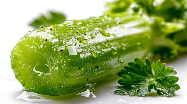 Fresh celery stalk with water droplets and parsley leaves vegetable nutrition