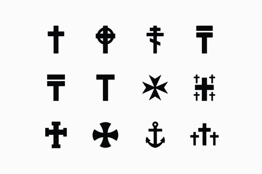 Set of twelve different christian cross icons, religious symbols, vector illustration isolated on white background