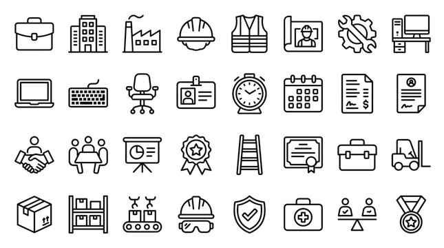 Industrial construction, architecture, and occupational safety equipment vector line icon set