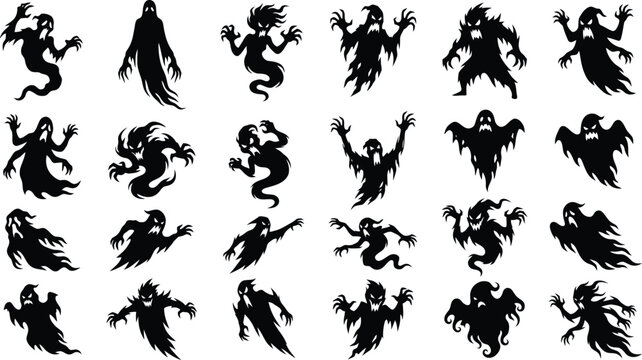 Set of scary ghost silhouettes for halloween vector design elements featuring various spooky spirits and creepy floating phantom characters