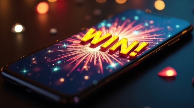 Tel&eacute;fono inteligente sobre una mesa negra, pantalla festiva de premio mayor con un enorme WIN dorado